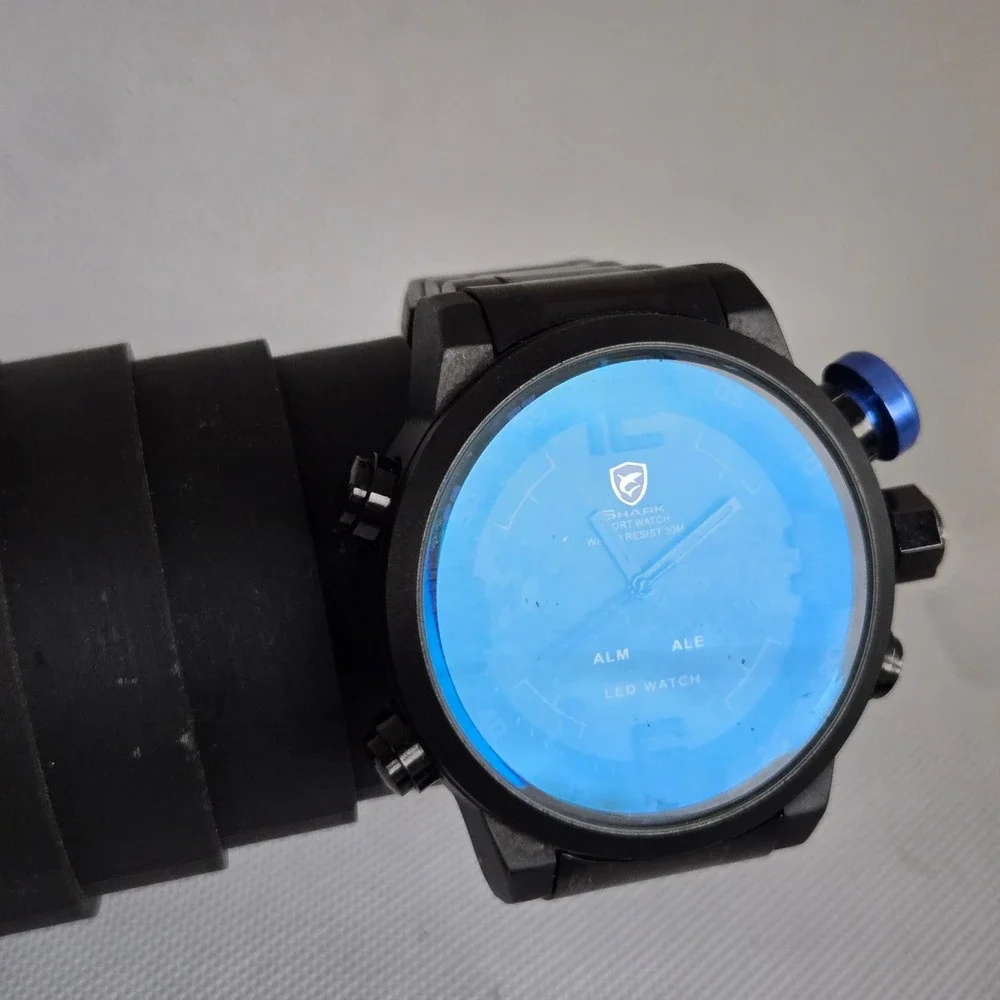 Shark Sport Watch Mens Black Dual Display Analog Digital Blue Crown 5.5in Tested